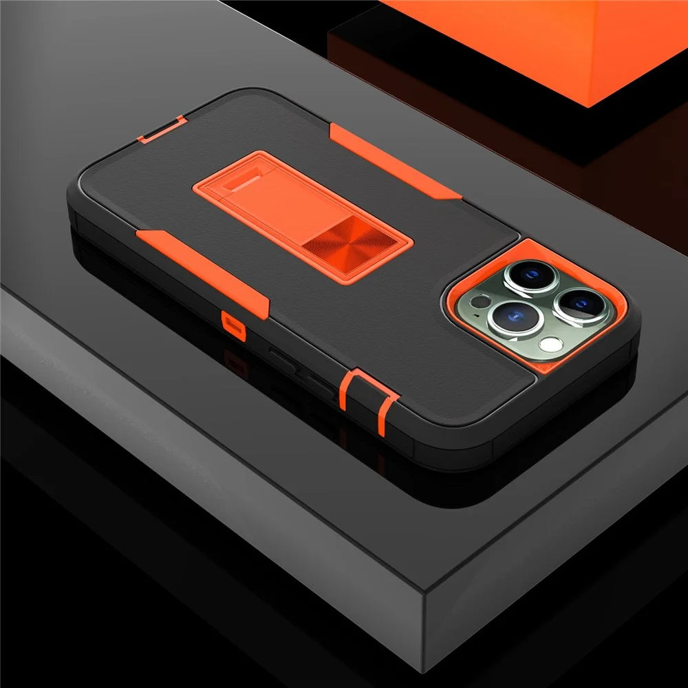 For iPhone 13 Pro Max 6.7 inch Back Shell, Impact Resistant PC + TPU Hybrid Phone Cover with Integrated Kickstand Car Mount Metal Sheet Case - Black/Orange - 2