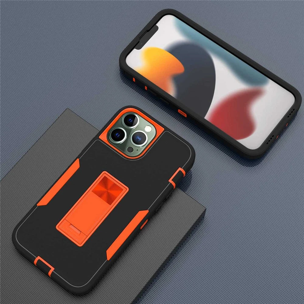 For iPhone 13 Pro Max 6.7 inch Back Shell, Impact Resistant PC + TPU Hybrid Phone Cover with Integrated Kickstand Car Mount Metal Sheet Case - Black/Orange - 3
