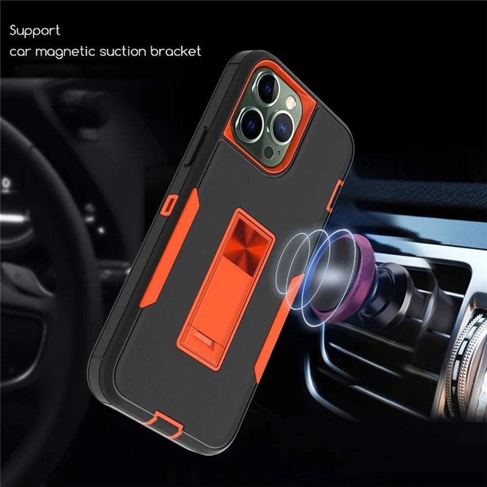 For iPhone 13 Pro Max 6.7 inch Back Shell, Impact Resistant PC + TPU Hybrid Phone Cover with Integrated Kickstand Car Mount Metal Sheet Case - Black/Orange - 4