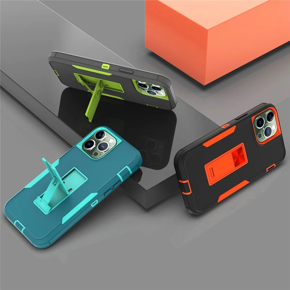 For iPhone 13 Pro Max 6.7 inch Back Shell, Impact Resistant PC + TPU Hybrid Phone Cover with Integrated Kickstand Car Mount Metal Sheet Case - Black/Orange - 5