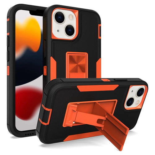For iPhone 13 mini 5.4 inch Back Shell, Bump Proof PC + TPU Hybrid Phone Cover with Integrated Kickstand Car Mount Metal Sheet Case - Black/Orange - 1