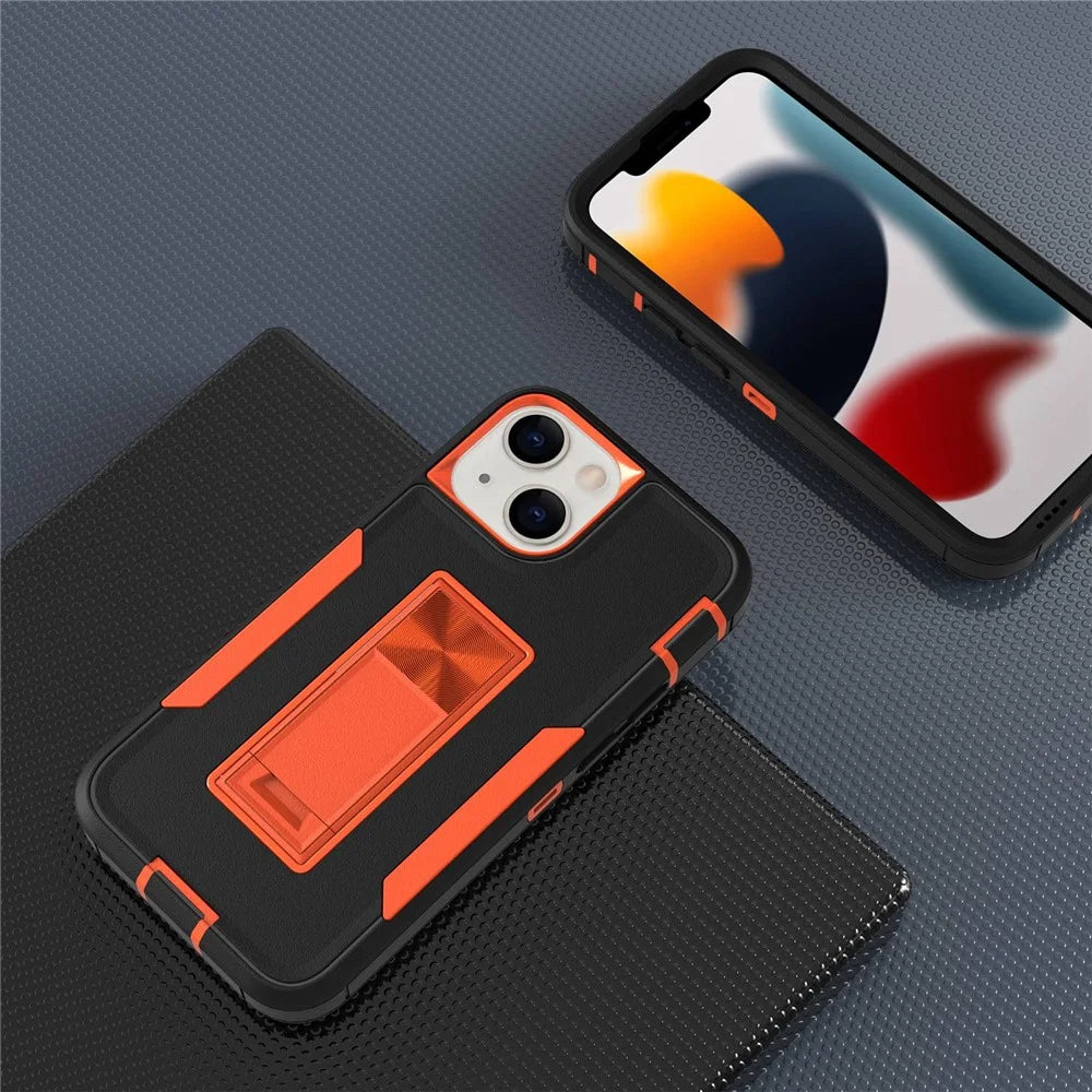 For iPhone 13 mini 5.4 inch Back Shell, Bump Proof PC + TPU Hybrid Phone Cover with Integrated Kickstand Car Mount Metal Sheet Case - Black/Orange - 2