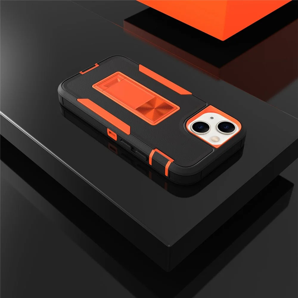 For iPhone 13 mini 5.4 inch Back Shell, Bump Proof PC + TPU Hybrid Phone Cover with Integrated Kickstand Car Mount Metal Sheet Case - Black/Orange - 3