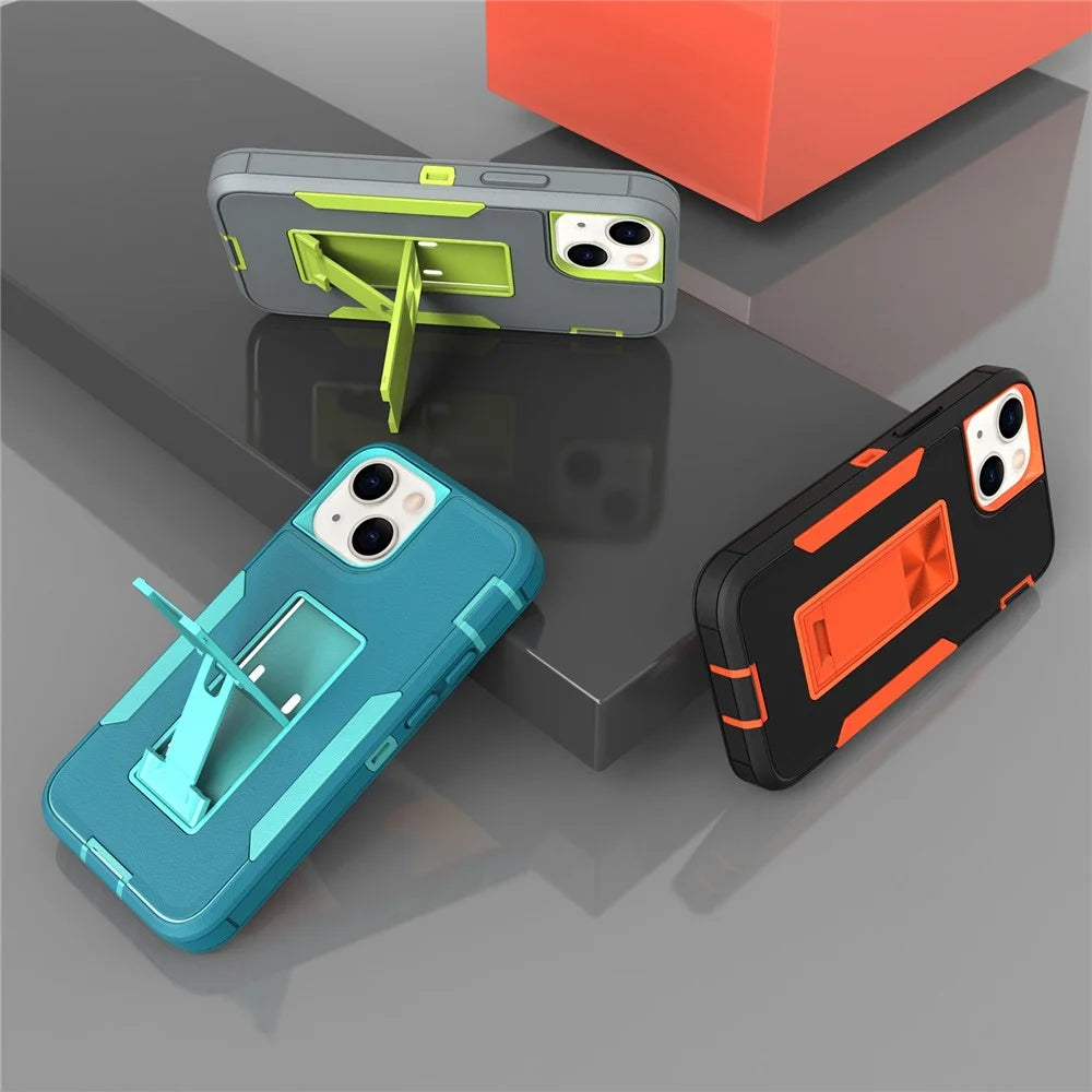 For iPhone 13 mini 5.4 inch Back Shell, Bump Proof PC + TPU Hybrid Phone Cover with Integrated Kickstand Car Mount Metal Sheet Case - Black/Orange - 4