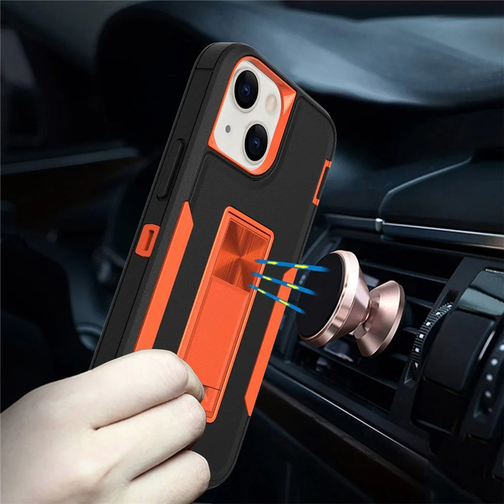 For iPhone 13 mini 5.4 inch Back Shell, Bump Proof PC + TPU Hybrid Phone Cover with Integrated Kickstand Car Mount Metal Sheet Case - Black/Orange - 5