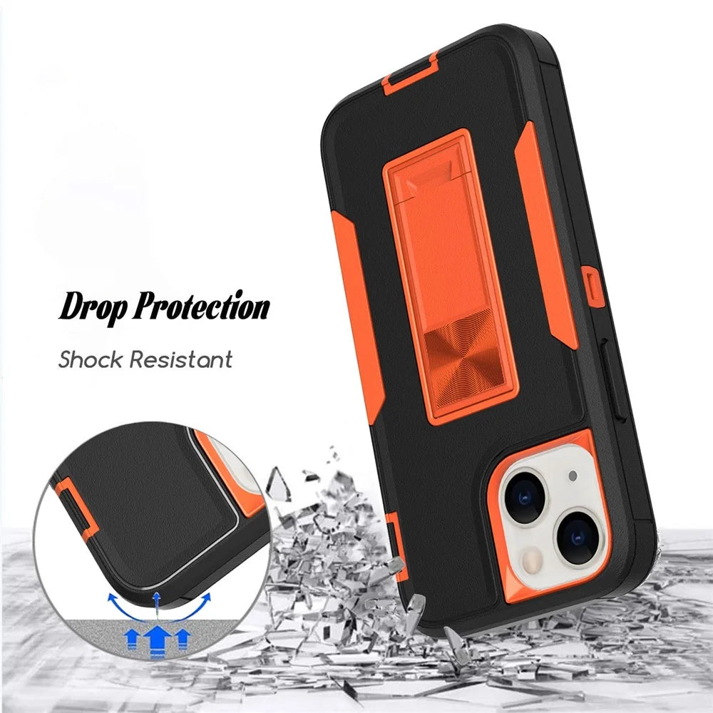 For iPhone 13 mini 5.4 inch Back Shell, Bump Proof PC + TPU Hybrid Phone Cover with Integrated Kickstand Car Mount Metal Sheet Case - Black/Orange - 6