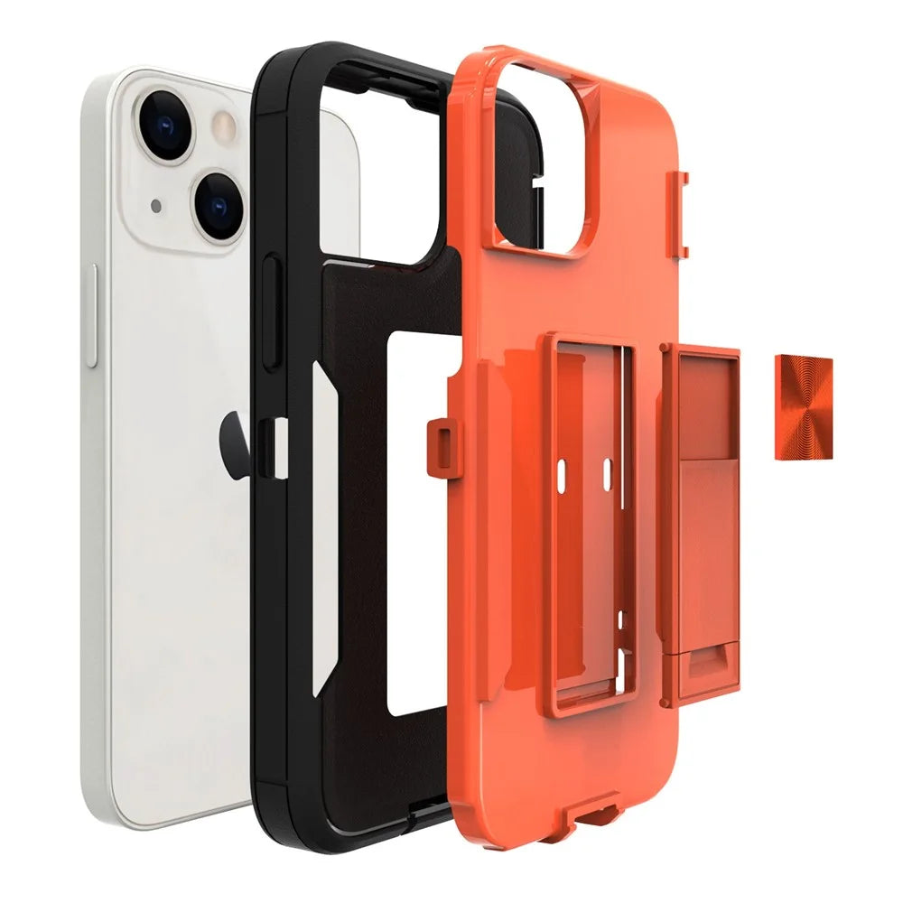 For iPhone 13 mini 5.4 inch Back Shell, Bump Proof PC + TPU Hybrid Phone Cover with Integrated Kickstand Car Mount Metal Sheet Case - Black/Orange - 7