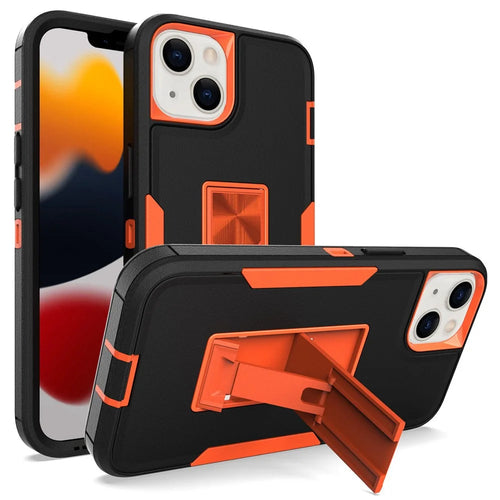 For iPhone 13 6.1 inch Back Shell, PC + TPU Hybrid Phone Cover with Integrated Kickstand Car Mount Metal Sheet Case - Black/Orange - 1