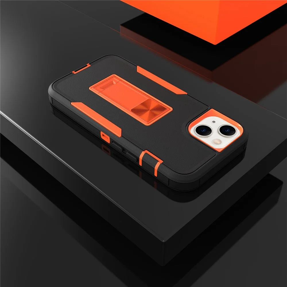 For iPhone 13 6.1 inch Back Shell, PC + TPU Hybrid Phone Cover with Integrated Kickstand Car Mount Metal Sheet Case - Black/Orange - 2