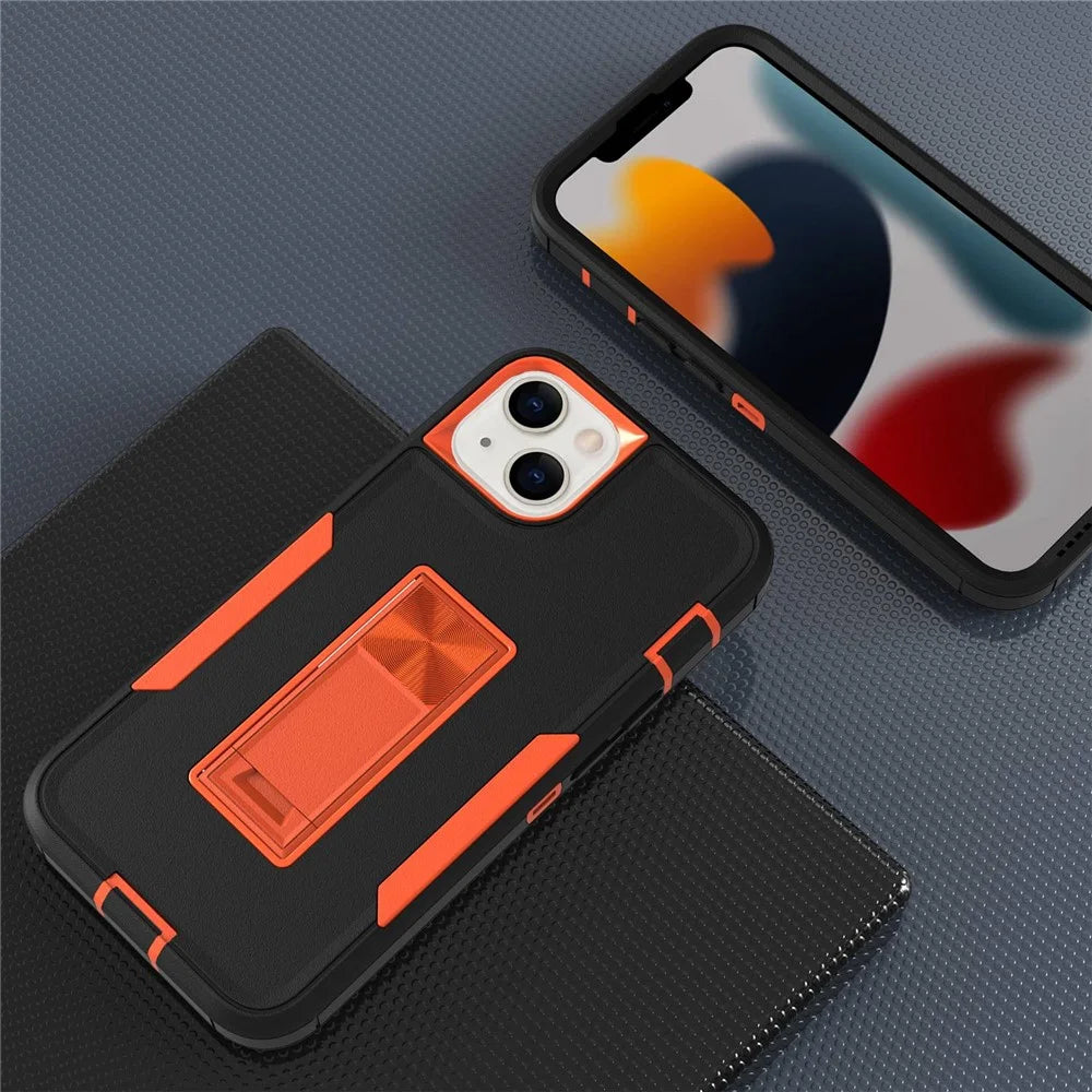 For iPhone 13 6.1 inch Back Shell, PC + TPU Hybrid Phone Cover with Integrated Kickstand Car Mount Metal Sheet Case - Black/Orange - 3
