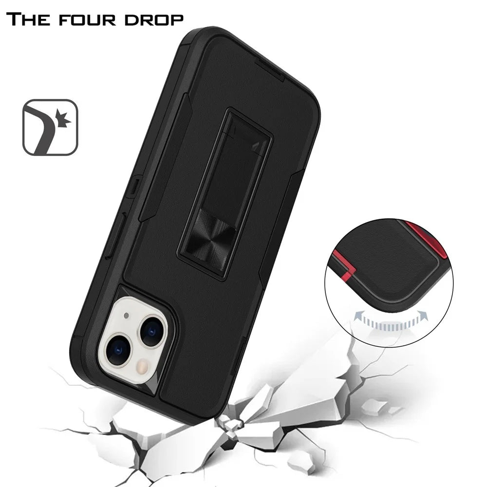 For iPhone 13 6.1 inch Back Shell, PC + TPU Hybrid Phone Cover with Integrated Kickstand Car Mount Metal Sheet Case - Black/Orange - 5