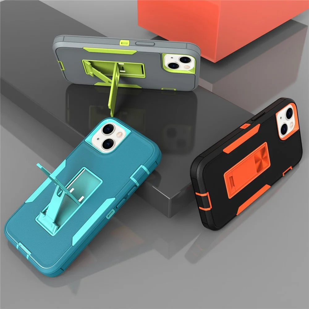 For iPhone 13 6.1 inch Back Shell, PC + TPU Hybrid Phone Cover with Integrated Kickstand Car Mount Metal Sheet Case - Black/Orange - 6