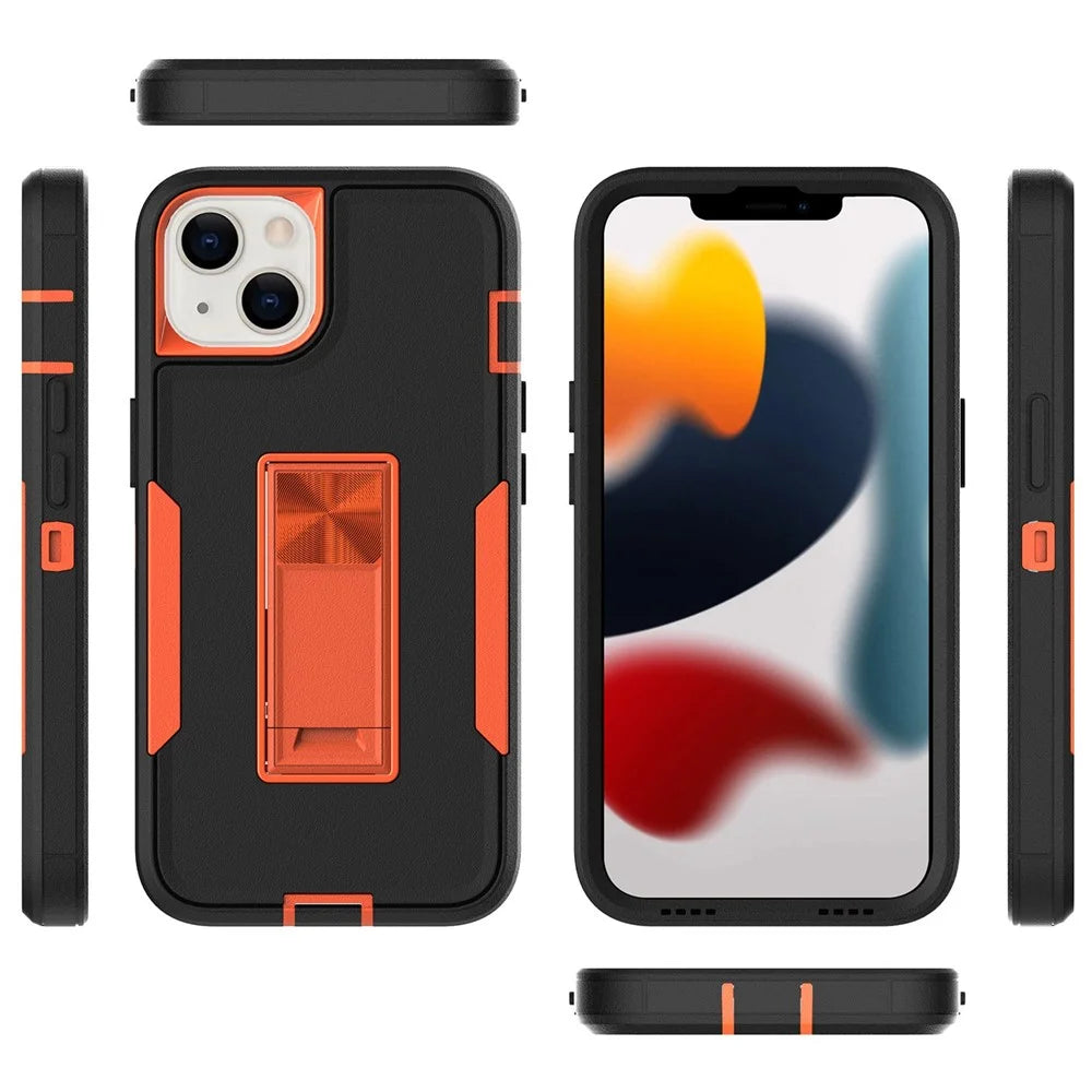 For iPhone 13 6.1 inch Back Shell, PC + TPU Hybrid Phone Cover with Integrated Kickstand Car Mount Metal Sheet Case - Black/Orange - 7