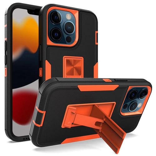 For iPhone 13 Pro 6.1 inch Shockproof PC + TPU Hybrid Phone Cover with Integrated Kickstand Car Mount Metal Sheet Case - Black/Orange - 1