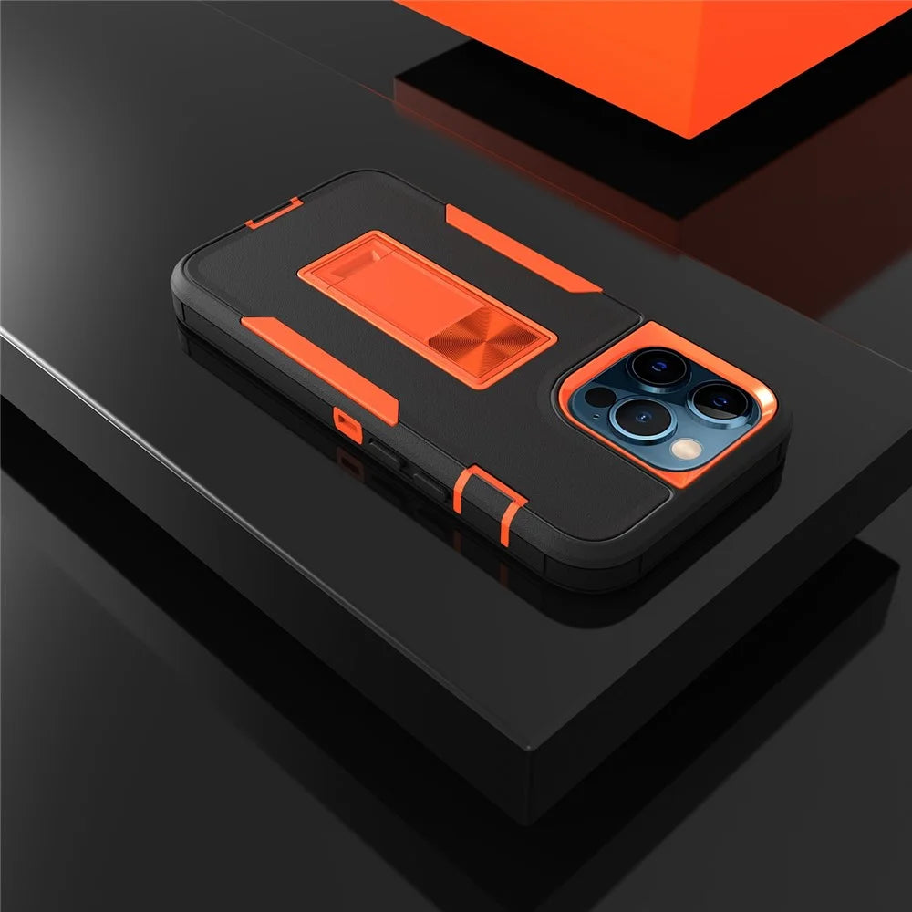 For iPhone 13 Pro 6.1 inch Shockproof PC + TPU Hybrid Phone Cover with Integrated Kickstand Car Mount Metal Sheet Case - Black/Orange - 2