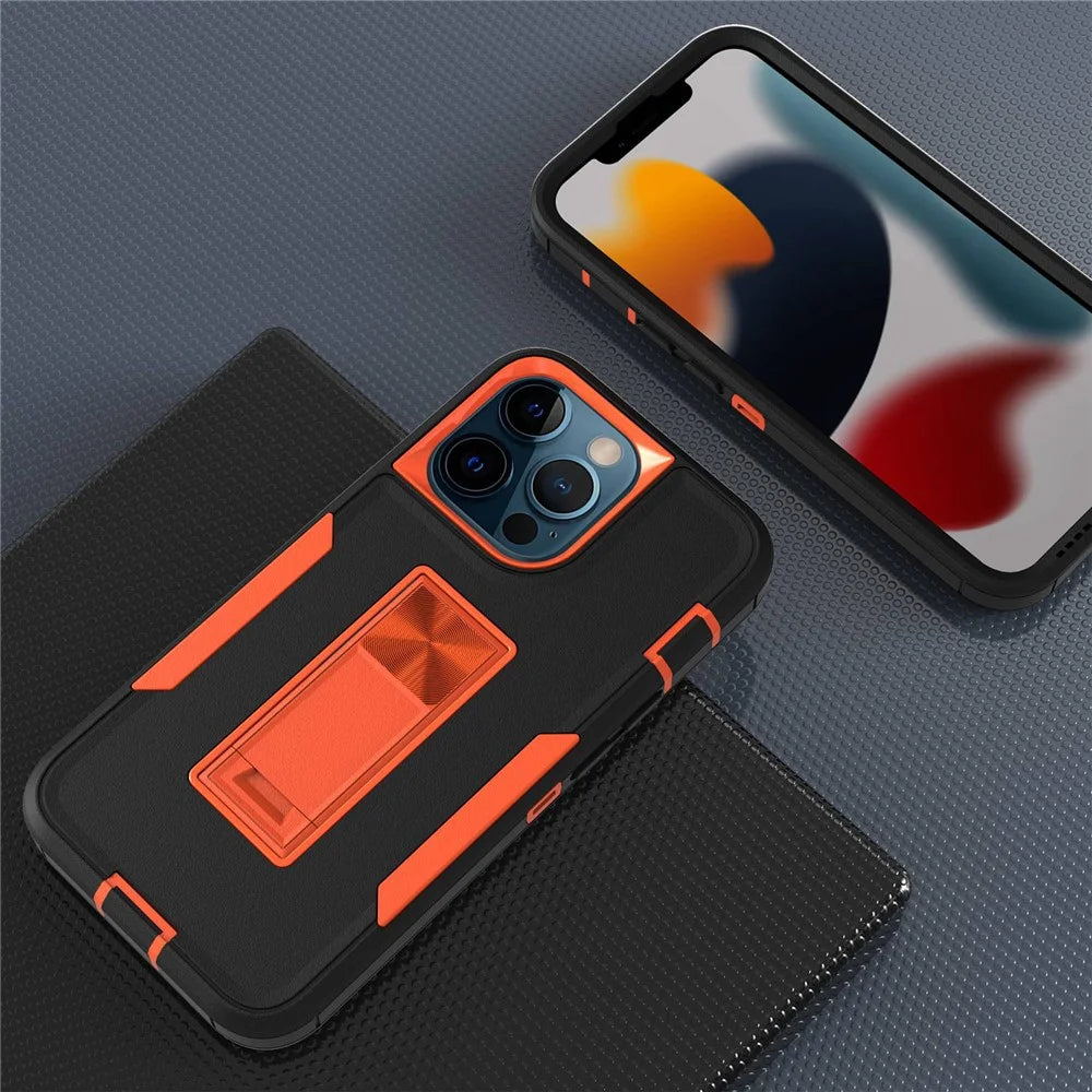 For iPhone 13 Pro 6.1 inch Shockproof PC + TPU Hybrid Phone Cover with Integrated Kickstand Car Mount Metal Sheet Case - Black/Orange - 3