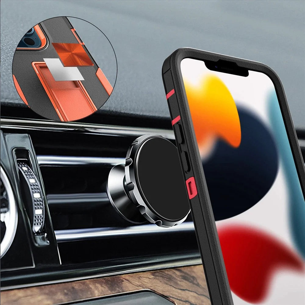 For iPhone 13 Pro 6.1 inch Shockproof PC + TPU Hybrid Phone Cover with Integrated Kickstand Car Mount Metal Sheet Case - Black/Orange - 4