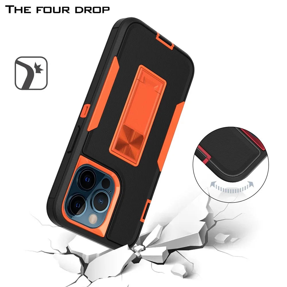 For iPhone 13 Pro 6.1 inch Shockproof PC + TPU Hybrid Phone Cover with Integrated Kickstand Car Mount Metal Sheet Case - Black/Orange - 5
