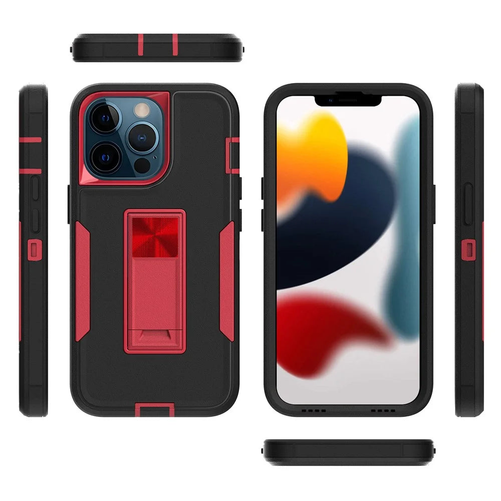 For iPhone 13 Pro 6.1 inch Shockproof PC + TPU Hybrid Phone Cover with Integrated Kickstand Car Mount Metal Sheet Case - Black/Orange - 6