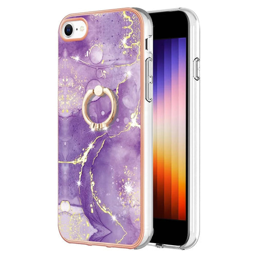 For iPhone 7 / 8 / SE (2020) / SE (2022) Case with Ring Kickstand Marble Pattern Electroplating TPU Back Cover - Purple 002 - 1