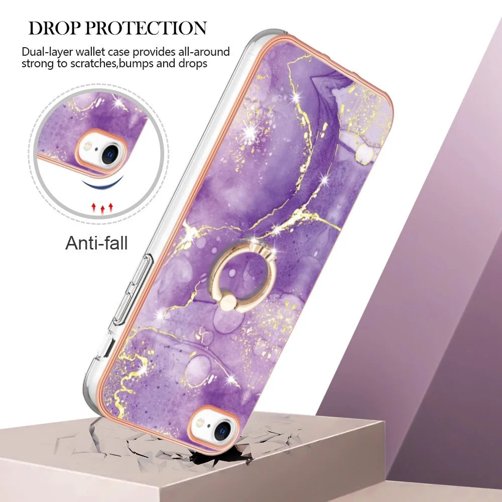 For iPhone 7 / 8 / SE (2020) / SE (2022) Case with Ring Kickstand Marble Pattern Electroplating TPU Back Cover - Purple 002 - 2
