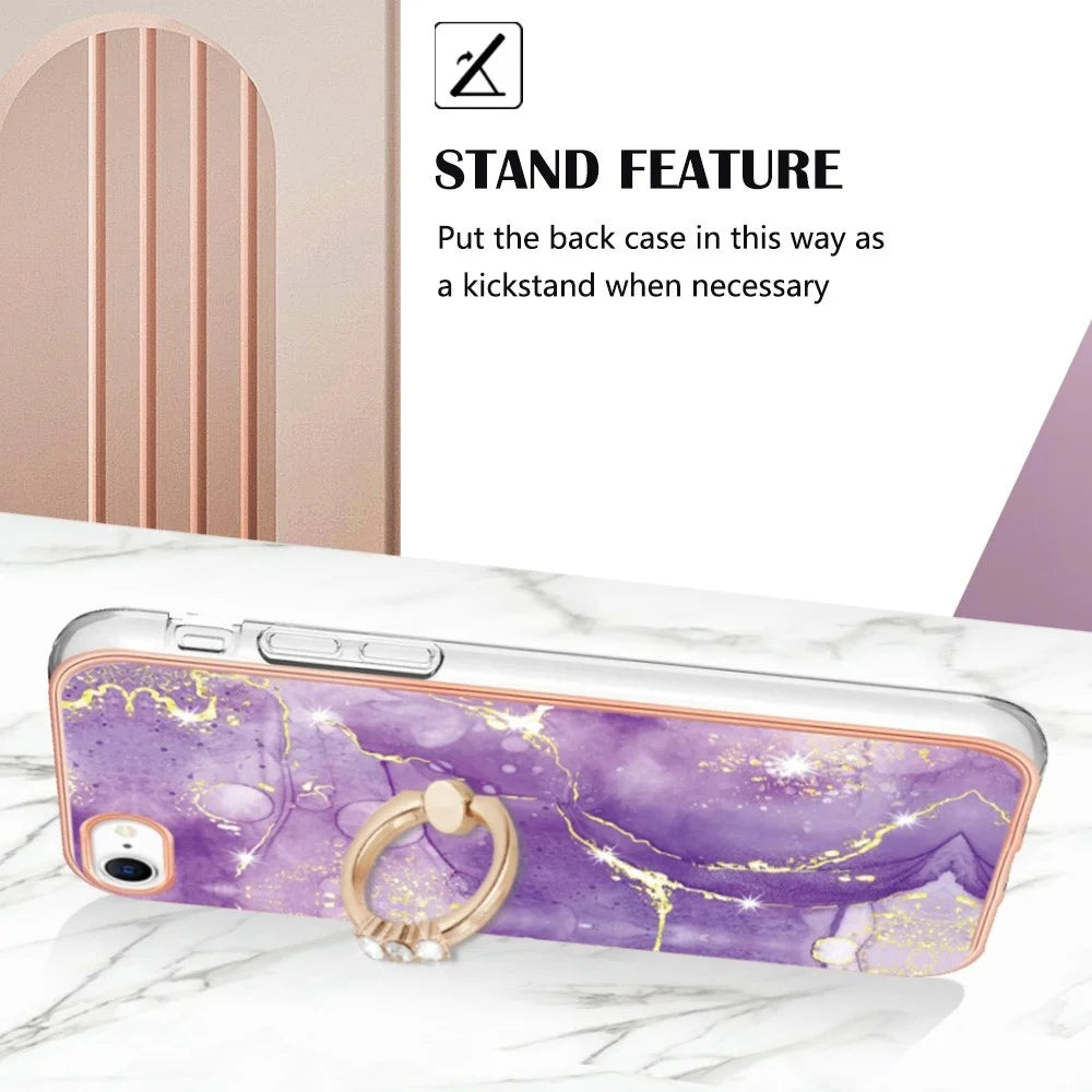 For iPhone 7 / 8 / SE (2020) / SE (2022) Case with Ring Kickstand Marble Pattern Electroplating TPU Back Cover - Purple 002 - 3