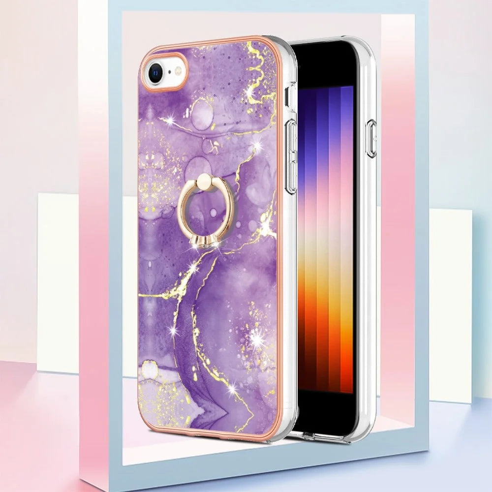 For iPhone 7 / 8 / SE (2020) / SE (2022) Case with Ring Kickstand Marble Pattern Electroplating TPU Back Cover - Purple 002 - 5