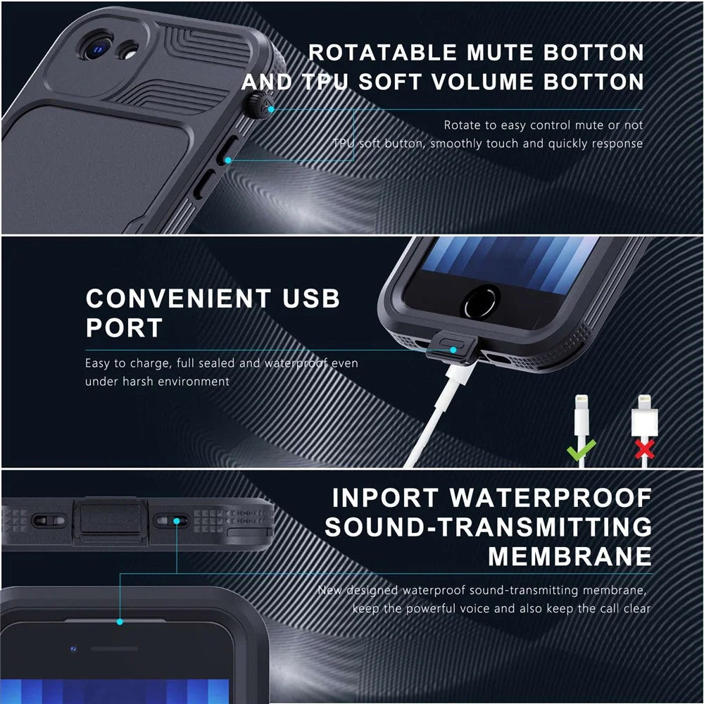 SHELLBOX A Series IP68 Waterproof Hybrid Phone Back Case for iPhone 7 4.7 inch / 8 4.7 inch / SE (2020) / (2022), IP6X Dust-Proof Protective Case with Lanyard - Black - 5