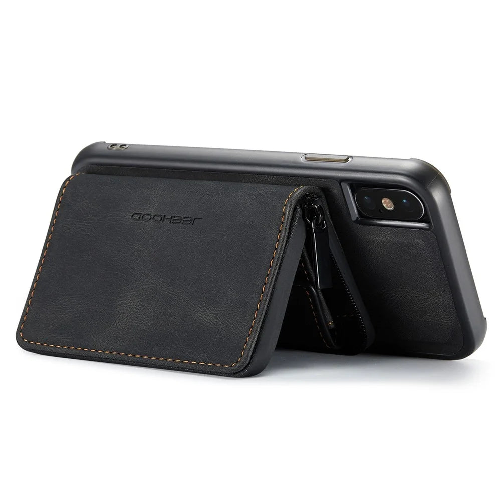 JEEHOOD For iPhone XS Max 6.5 inch Detachable Zipper Wallet Magnetic Absorption Cover Anti-drop Anti-scratch Leather Coated TPU Phone Case with Kickstand - Black - 3
