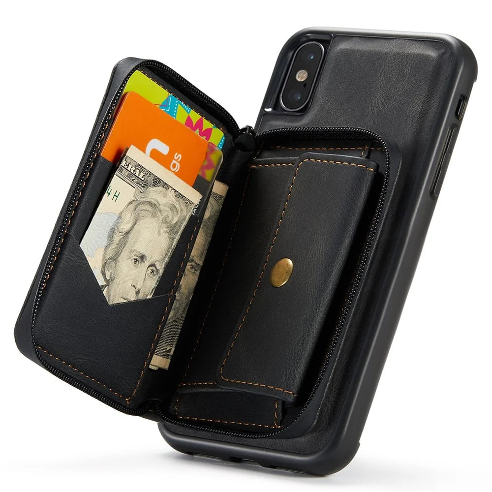 JEEHOOD For iPhone XS Max 6.5 inch Detachable Zipper Wallet Magnetic Absorption Cover Anti-drop Anti-scratch Leather Coated TPU Phone Case with Kickstand - Black - 4
