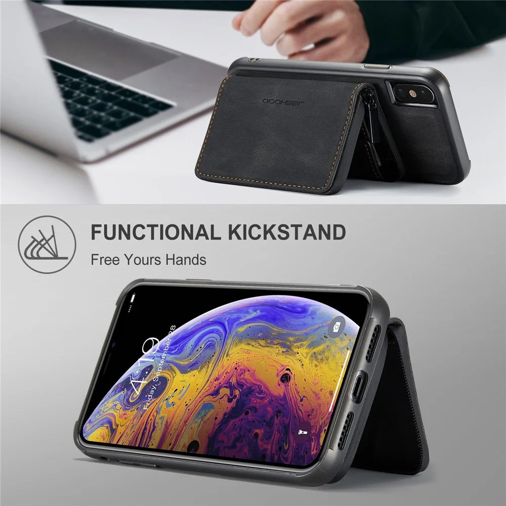 JEEHOOD For iPhone XS Max 6.5 inch Detachable Zipper Wallet Magnetic Absorption Cover Anti-drop Anti-scratch Leather Coated TPU Phone Case with Kickstand - Black - 5