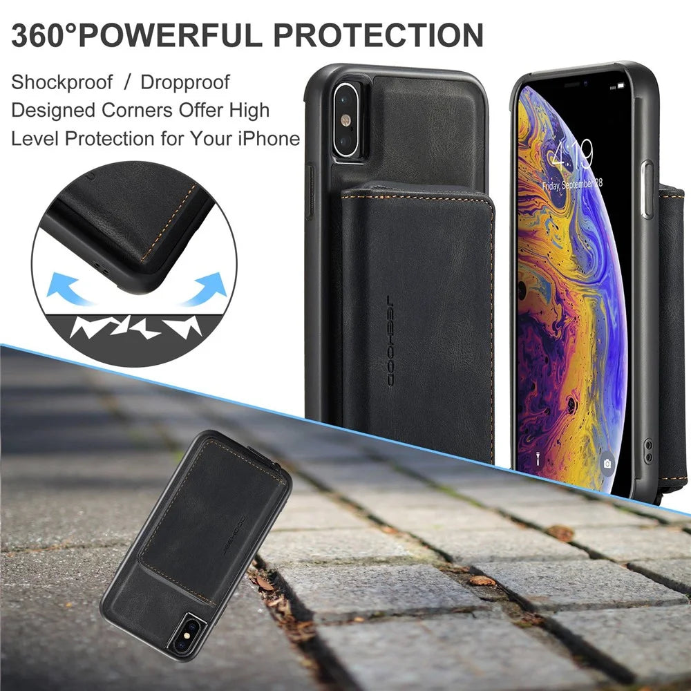 JEEHOOD For iPhone XS Max 6.5 inch Detachable Zipper Wallet Magnetic Absorption Cover Anti-drop Anti-scratch Leather Coated TPU Phone Case with Kickstand - Black - 6