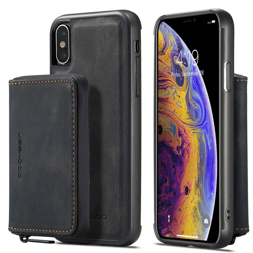 JEEHOOD For iPhone X/XS 5.8 inch Kickstand Design Detachable Magnetic Zipper Wallet Shell Leather Coated TPU Mobile Phone Case - Black - 1
