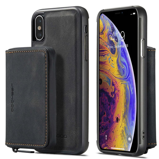 JEEHOOD For iPhone X/XS 5.8 inch Kickstand Design Detachable Magnetic Zipper Wallet Shell Leather Coated TPU Mobile Phone Case - Black - 1