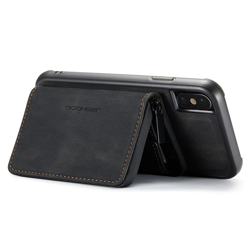 JEEHOOD For iPhone X/XS 5.8 inch Kickstand Design Detachable Magnetic Zipper Wallet Shell Leather Coated TPU Mobile Phone Case - Black - 3