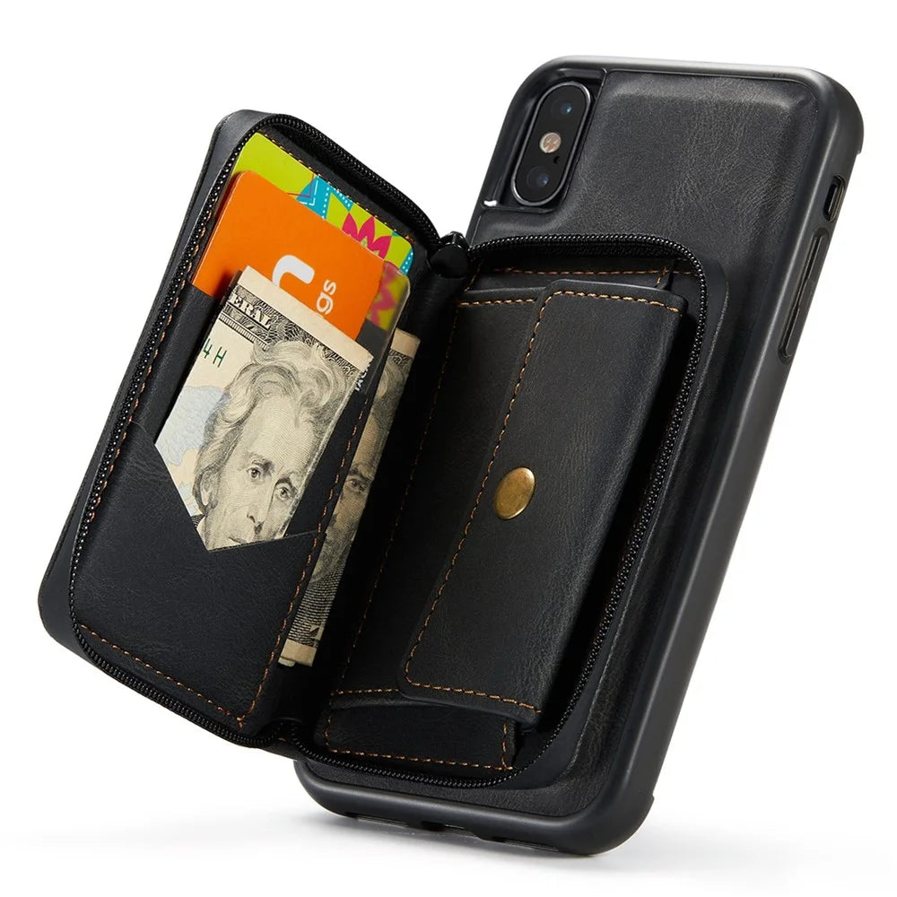 JEEHOOD For iPhone X/XS 5.8 inch Kickstand Design Detachable Magnetic Zipper Wallet Shell Leather Coated TPU Mobile Phone Case - Black - 4