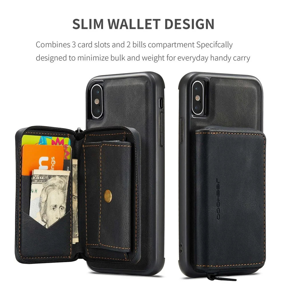 JEEHOOD For iPhone X/XS 5.8 inch Kickstand Design Detachable Magnetic Zipper Wallet Shell Leather Coated TPU Mobile Phone Case - Black - 7