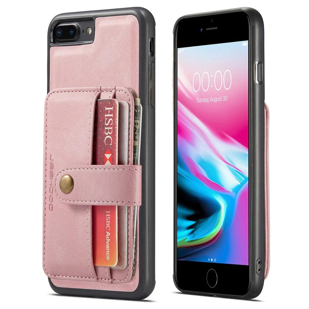 JEEHOOD For iPhone 7 Plus/8 Plus 5.5 inch Wallet Phone Case RFID Blocking Shockproof Phone Cover Anti-Scratch Protector Support Wireless Charging - Pink - 1