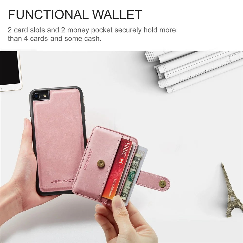 JEEHOOD For iPhone 7/8/SE (2020)/SE (2022) 4.7 inch Shockproof Wallet Phone Case Support Wireless Charging/RFID Blocking Anti-fall Phone Protector - Pink - 4