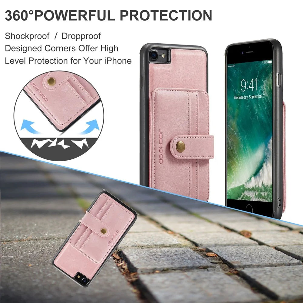 JEEHOOD For iPhone 7/8/SE (2020)/SE (2022) 4.7 inch Shockproof Wallet Phone Case Support Wireless Charging/RFID Blocking Anti-fall Phone Protector - Pink - 5