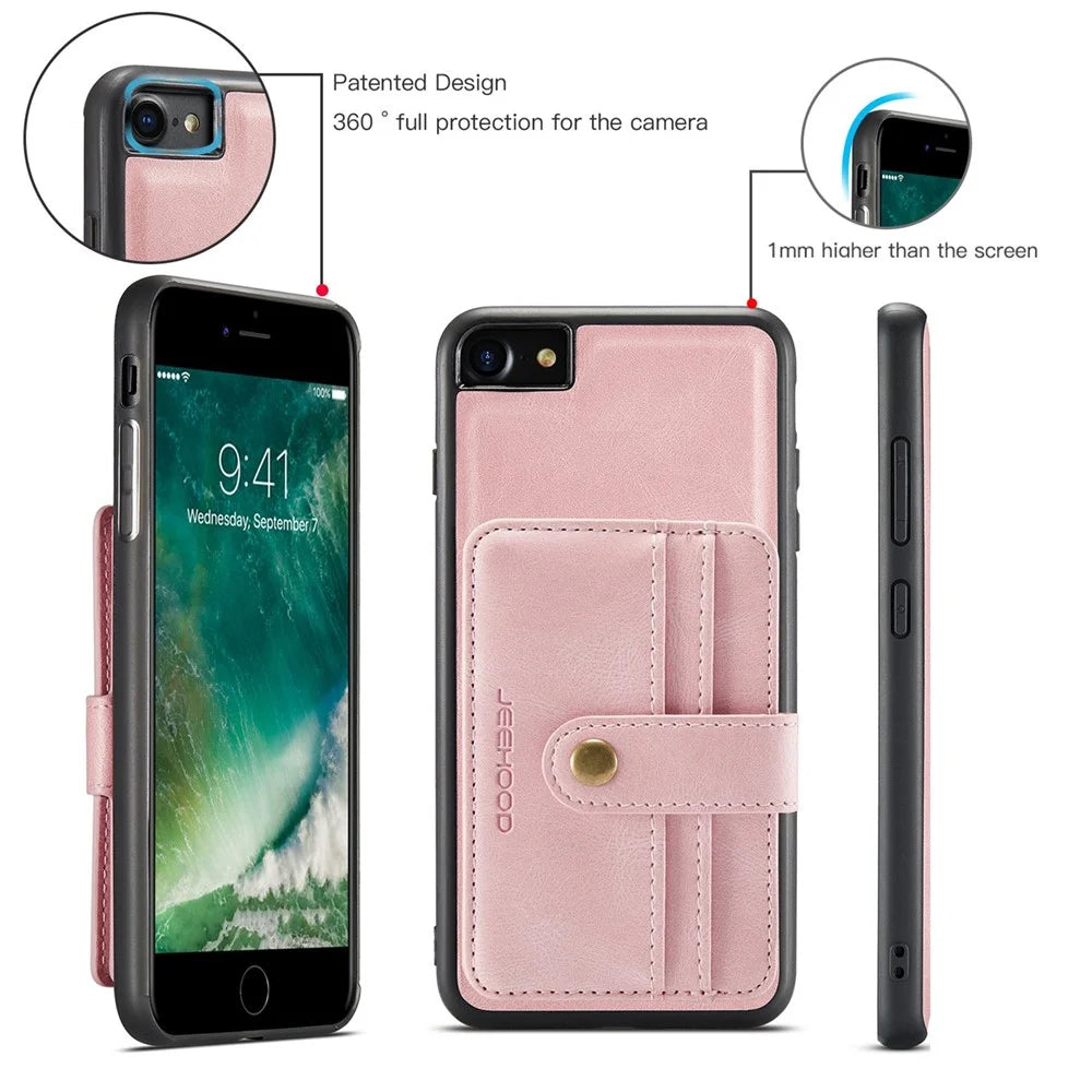 JEEHOOD For iPhone 7/8/SE (2020)/SE (2022) 4.7 inch Shockproof Wallet Phone Case Support Wireless Charging/RFID Blocking Anti-fall Phone Protector - Pink - 6