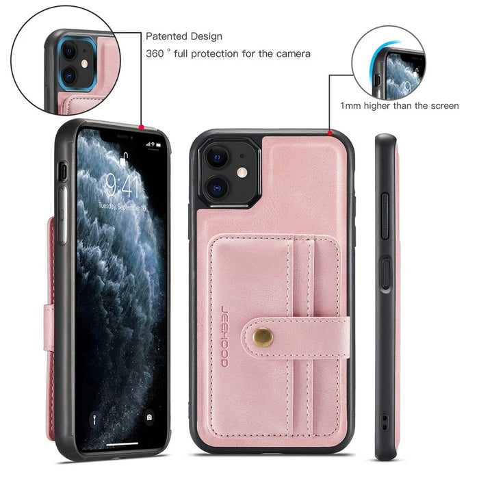 JEEHOOD Shockproof Wallet Phone Case for iPhone 11 6.1 inch RFID Blocking Anti-fall Phone Cover Scratch Resistant Protector Support Wireless Charging - Pink - 6