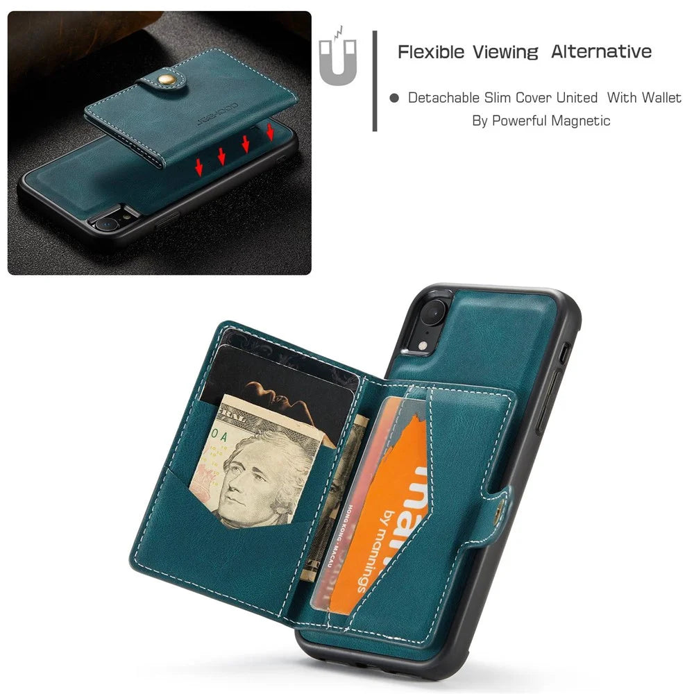 JEEHOOD Detachable Phone Case for iPhone XR 6.1 inch, Magnetic Absorption Leather Coated TPU Cover with Kickstand Wallet - Green - 7