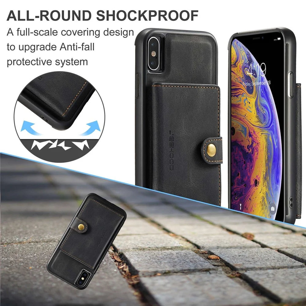 JEEHOOD For iPhone XS 5.8 inch/iPhone X Detachable Wallet Leather Coated TPU Phone Case Kickstand Protective Cover - Black - 6