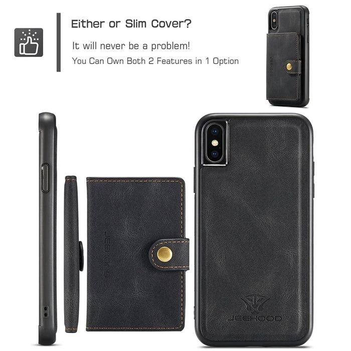 JEEHOOD For iPhone XS 5.8 inch/iPhone X Detachable Wallet Leather Coated TPU Phone Case Kickstand Protective Cover - Black - 7