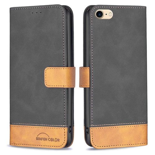 BINFEN COLOR for iPhone 7 4.7 inch / 8 4.7 inch / SE (2020) / (2022) Case Color Splicing Skin Touch Leather Phone Cover Wallet Stand - Black - 1