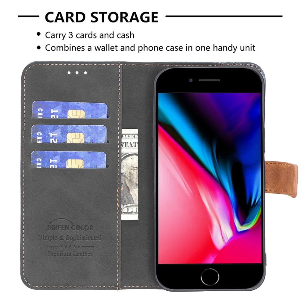 BINFEN COLOR for iPhone 7 4.7 inch / 8 4.7 inch / SE (2020) / (2022) Case Color Splicing Skin Touch Leather Phone Cover Wallet Stand - Black - 2