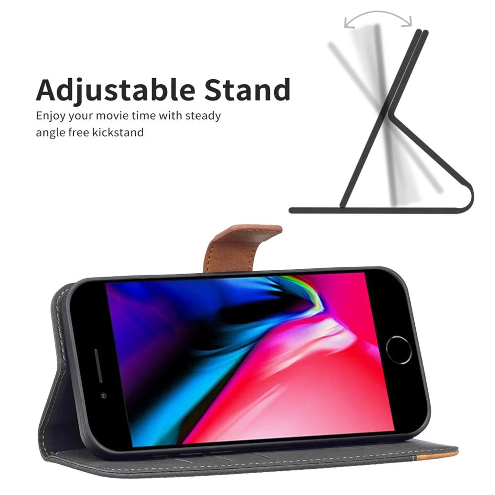 BINFEN COLOR for iPhone 7 4.7 inch / 8 4.7 inch / SE (2020) / (2022) Case Color Splicing Skin Touch Leather Phone Cover Wallet Stand - Black - 3