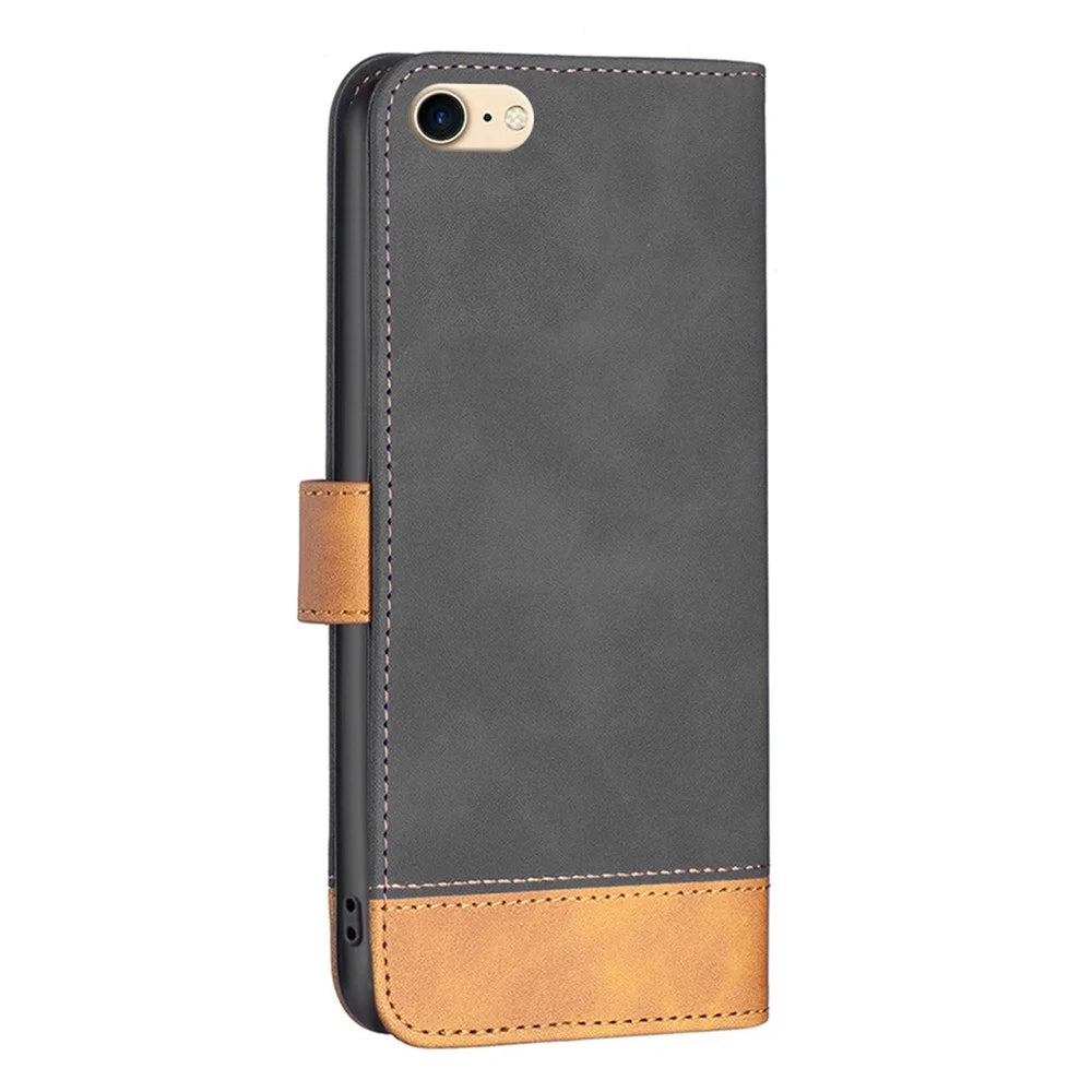 BINFEN COLOR for iPhone 7 4.7 inch / 8 4.7 inch / SE (2020) / (2022) Case Color Splicing Skin Touch Leather Phone Cover Wallet Stand - Black - 7