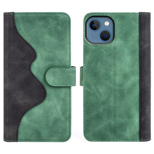 For iPhone 14 6.1 inch Fall Proof Splicing Design Protective Case PU Leather Wallet Stand Phone Shell - Green - 1
